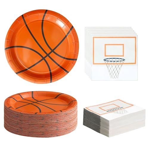 Winoo Design 48PCS Basketball Plates and Napkins Party Supplies - 24 PK - 9 Inch Basketball Paper Plates 6.5 Inch Paper Napkins Basketball Birthday Party Decorations Decor