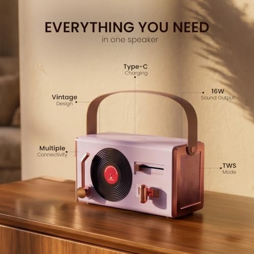 Image of Walta Elite Retro Pro Portable Bluetooth Speaker, 16W, Purple, Vintage Style, TWS Mode, BT 5.4, Type-C Charging, 5Hrs Playtime