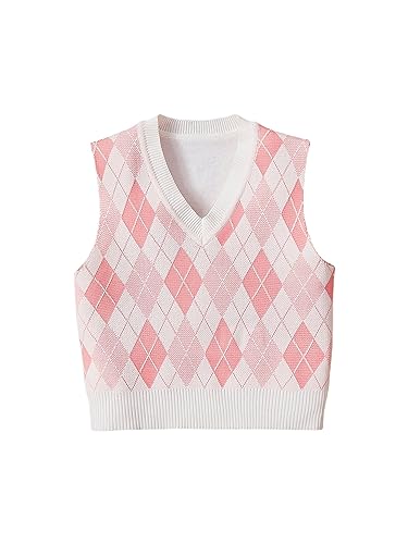 Milumia Girl's Casual Argyle Plaid Sweater Vest Round Neck Sleeveless Crop Top Pink and White 8Y