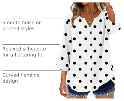 Image of OFEEFAN Button Down Shirts for Women 3 /4 Length Sleeve Tops V Neck Blouses Business Casual Outfits Loose Fit