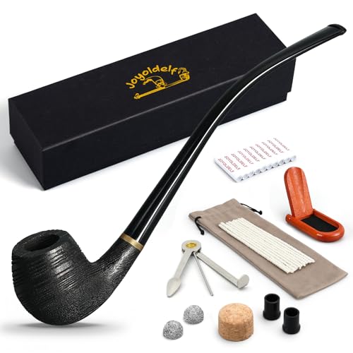Joyoldelf Churchwarden Tobacco Pipe Set - Oak Smoking Pipe with Pipe Stand, Wood Pipe with Gift Box, Handmade Tobacco Pipe Kit with Accessories for Pipe Enthusiasts