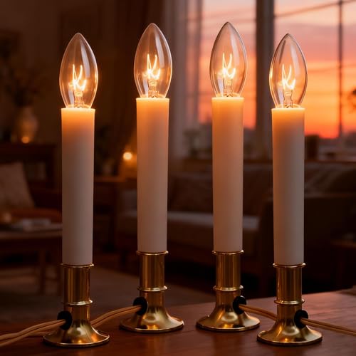 4 Pack Electric Candle Lights for Inside Windows Christmas Electric Window Candles Plug in with C26 Clear Bulbs 7W Window Sill Lights with Golden Base On/Off Switch for Home Holiday Wedding Mantel