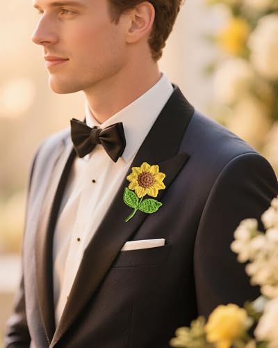 Image of Crochet Sunflower Flower Brooch Pin for Men and Women Fashion, Knitted Flowers Sunflower Handmade Crochet Gifts,Prom Flowers Corsage and Pocket Wedding Boutonniere for Men