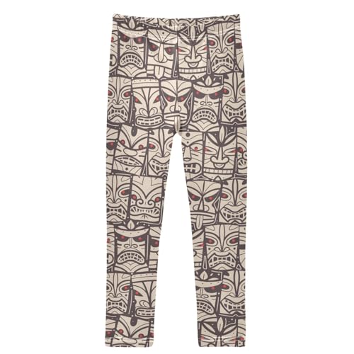 Girls' Leggings Tiki Mask Ancient Hawaiian Maya Face Ankle Length Printed Leggings Comfort Pants for Kids 4-10 Years