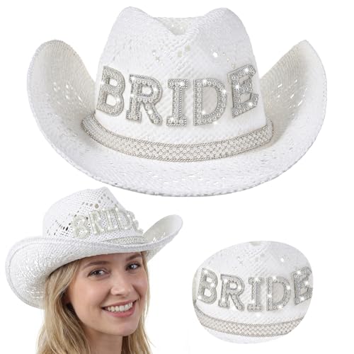 Newcotte Bride Cowgirl Straw Hat White Wide Brim Beach Cowgirl Hat with Pearl Bride Letters for Bachelorette Party Bridal Shower Wedding Honeymoon Bridal Gift