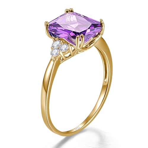 Women's Purple Ring 925 Sterling Silver Amethyst Ring 14K Gold Plated Amethyst Engagement Ring February Birthstone Rings Prong Setting Cubic Zirconia Size 92