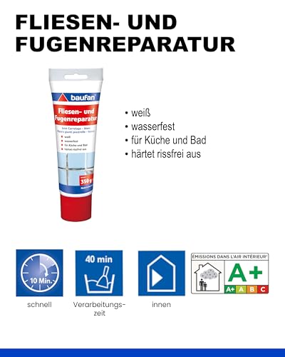 Baufan Fliesen- und Fugenreparatur Weiß 350g I Wasserfeste Spachtelmasse mit optimaler Haftung I Für Küche & Bad I Härtet rissefrei aus I Fugen-Mörtel