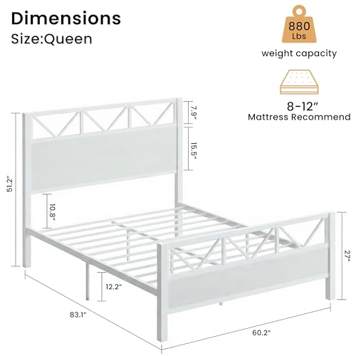 Image of LIKIMIO Queen Bed Frame, Tall Modern Headboard 51.2 inch, Platform Bed Frame with Strong Metal Support, Solid and Stable, Noise Free, No Box Spring Needed, Easy Assembly, White