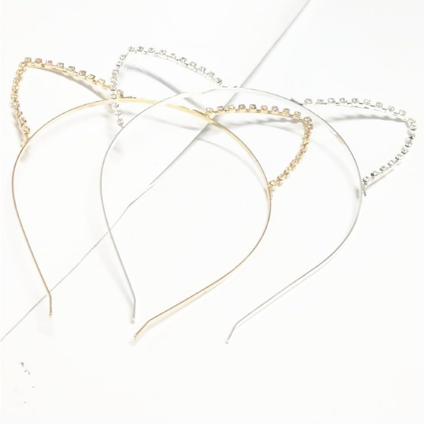 Huachi Cat Ear Headbands for Women Girls Thin Metal Cat Ears Headband Halloween Cute Gold & Silver Rhinestone Head Bands for Women’s Hair Elastic Hairbands Fashion Hair Accessories, 2 Packs (Cat) - Image 2