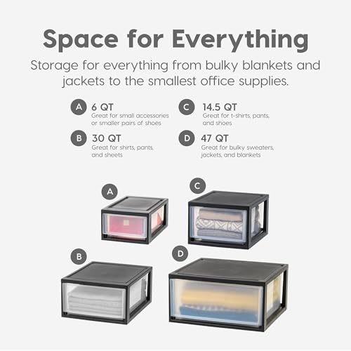 Image of IRIS USA 6 Pack Plastic Drawer Storage Organizer, Stackable Unit with Sliding Drawers for Kitchen, Bathroom, Bedroom, Office, 14.5 Quart, Black