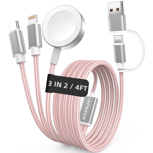 Image of Travel Essentials,3 in 2 USB C Cable for Apple Watch Charger,iPhone Charger,Multi Charging Cable,Cruise Vacation Camping Essentials,Portable for iWatch Series 11-2 /Ultra /SE & iPhone 17-12,Car,Pink