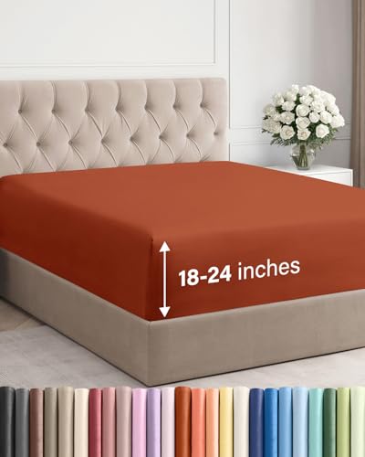 Image of Extra Deep King Fitted Sheet - Single Fitted Sheet Only - Terracotta | Easily Fits 18 inch to 24 inch Mattress, Soft, Wrinkle Free, Breathable & Comfy, Extra Deep Pockets Hotel Luxury Fitted Sheet