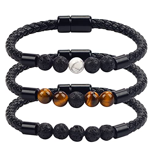 xinrongda Elektrostatisches Achat-Lederperlenband, 8 mm Vulkanstein-Tigerauge-Armband mit magnetischer Schnalle, Tigerauge Magnetschnalle Magnetperlen Armband für Frauen und Männer (Vulkanstein) Cover