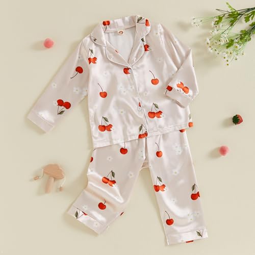 Qiylii Toddler Girls Soft Satin Pajamas Long Sleeve Button-Up Pajamas Shirt and Pant 2PC Silk Pajamas Kids Nightgown2