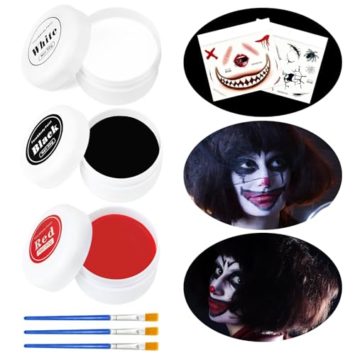 HuaMuDM 150g Halloween Schminke Schwarz Weiß Rot,Halloween Gesichtsfarbe mit Makeup Pinsel und 2 Aufkleber,Faschingsschminke für Halloween,Halloween Clown Makeup Kit,Faschingsschminke Theaterschminke