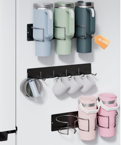 Magnetic Stanley Cup Holder with 6 Hook Rack, Tumbler Organizer for Fridge, Water Bottle Organizer for Stanley 30&40 oz, Stanley Cup Accessories for Kitchen Cabinet, 3 Pack Black