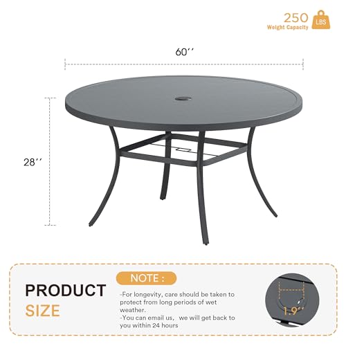Image of VICLLAX 60 inch Outdoor Round Patio Table for Lawn Garden, All Weather Metal Patio Dining Table with Adjustable Umbrella Hole, 8-10 Person, Grey