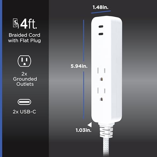 Protector eléctrico GE, 2 tomas, 245J, 2 USB-C, 12W, 16AWG, Cable trenzado, Enchufe plano, 1.22 m, Blanco, Modelo 85780 miniatura 2