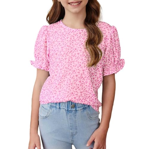 Girls Bohemian Shirts Puff Short Sleeve Cute T-Shirts Ruffle Boho Floral Crewneck Tee Causal Preppy Tunic Tops