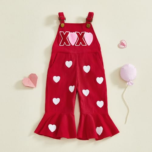Rtnnsbbfcm Toddler Baby Girl Valentines Outfit Love Heart Overalls Kids Bell Bottoms Little Girls Spring Clothing (Heart, 12-18 Months)