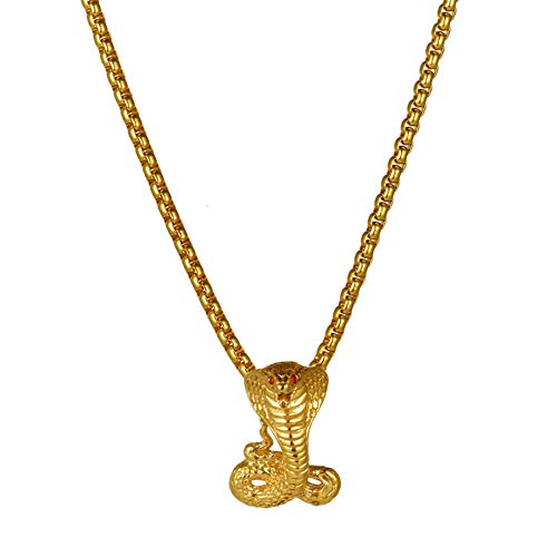 JewelryWe Schmuck Herren Halskette mit Edelstahl Kobra Schlange Anhänger & Weizenkette, Retro Gold Cover