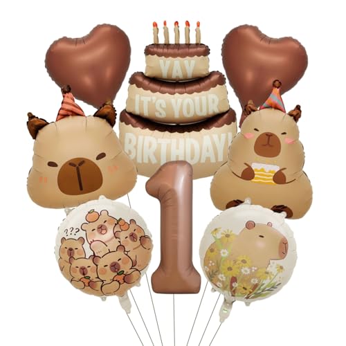 Image of Capybara Birthday Foil Balloon Set, 8-Piece Party Decor (1) | Reusable foil balloon set with capybara, cake,number . Perfect for birthday, baby shower, gender reveal & themed parties