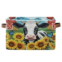 RPLIFE Cute Black White Cow Sunflowers Open Storage Bins, Rectangle Collapsible Storage Basket with Handle
