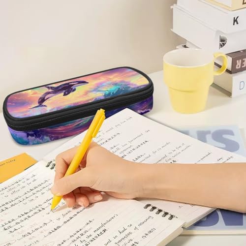 Image of Rainbow Orca Whale Pencil Case for Girls Lightweight Pen Box Pencil Cases for School Office Zippered Pencil Pouch for Supplies and Accessories