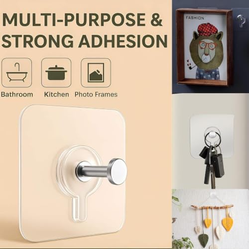 Image of KONVIO NEER Photo Frame Hooks for Wall Without Drilling - 20 Pack Self Adhesive Wall Hooks Heavy Duty | Strong Nail-Free Transparent Stainless Steel Hanging Hooks for Home, Kitchen, Bathroom & Office
