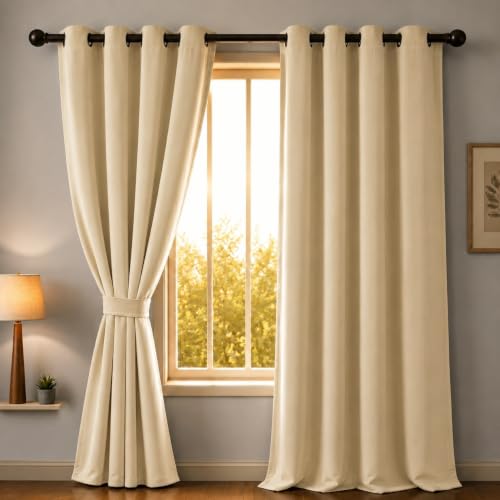 Image of 100% Blackout Long Door Curtains 10 Feet Long Set of 2 - Beige Faux Silk Room Darkening Eyelet Curtains for Bedroom (4.5 Ft Extra Wide Panels), Tiebacks Included, Thermal Insulated