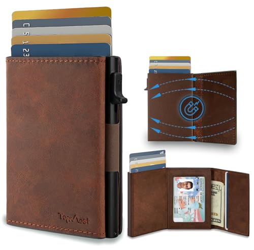 Image of TopMost Genuine Leather Pop Up Wallet for Men, Credit Card Holder, RFID Blocking Ridge Wallets for Men with ID Window, Slim, Minimalist, 5-9 Card Capacity & Cash Slot
