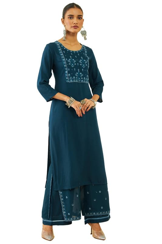 Soch Womens Blue Rayon Slub Embroidered Straight Kurta Sets with ...