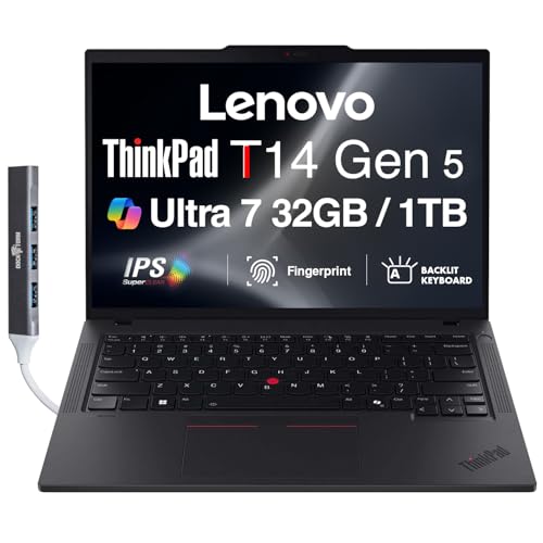 Lenovo ThinkPad T14 Gen 5 Business Laptop 14.0' IPS FHD+ (Intel Core Ultra 7 155U, 32GB RAM, 1TB PCIe SSD, Copilot, Thunderbolt 4, Webcam, Win11P) with Dockztorm Hub