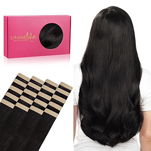 WENNALIFE Tape in Hair Extensions 20pcs 50g 14 Inch Natural Black Human Hair Rallonge Straight Invisible Extensions