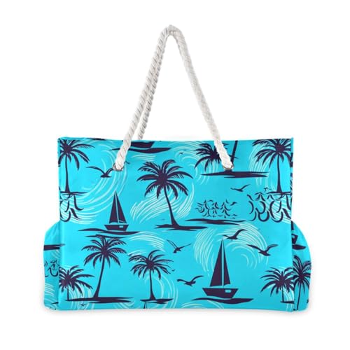Sailboat Coconut Palms Cyan Beach Tote Bag for Women Waterproof Swim Pool Extra Large Beach Bags with Zipper Carry On Travel Bag for Yoga Gym Women Vacation Essentials Nurse2