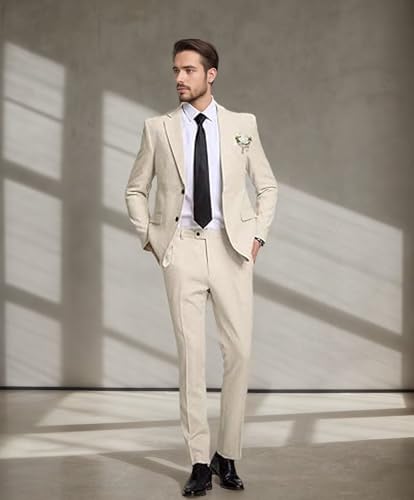 Linen Suit Slim Fit 2 Piece Lightweight Casual Summer Beach Wedding Groomsmen Formal Blazer Pant2