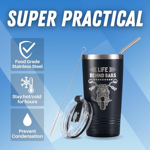 Onebttl Motorcycle Gifts for Men, Life Behind Bars, Tumbler Travel Coffee Mug, Dad Grandpa Biker Rider, Stainless Steel 20oz/590ml