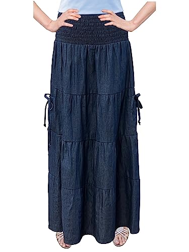 Baby'O Women's' Long Ankle Length Cargo Pocket Smocked Waist Summer Weight Denim Tiered Western Prairie Skirt