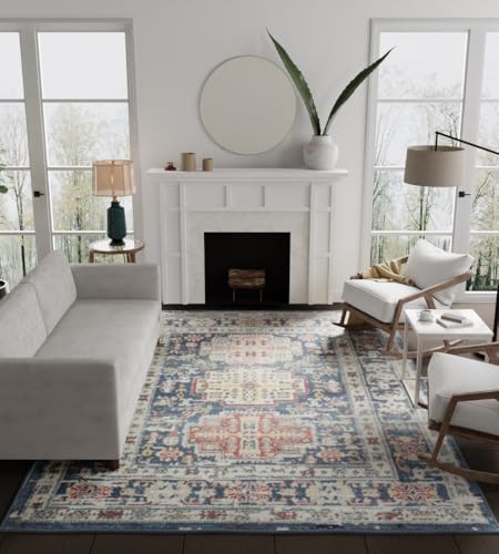 Rugs America Gabriel Collection, GL55C, Prussian Sundara, Blue/Beige, 8' x 10', .4" Thick, Area Rug, Soft, Durable, Vintage Inspired, Distressed, Low Pile, Non-Shedding, Easy Clean, Living Room Rug