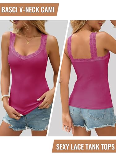 Image of Lace Camisole Tank Tops for Women V Neck Wide Strap Soft Ribbed Lace Trim Cami