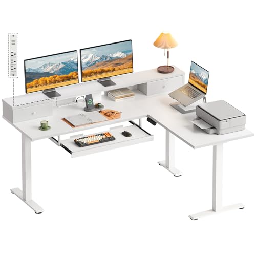 Image of OffiGo 59 Inch L Shaped Electric Standing Desk with Drawers, White