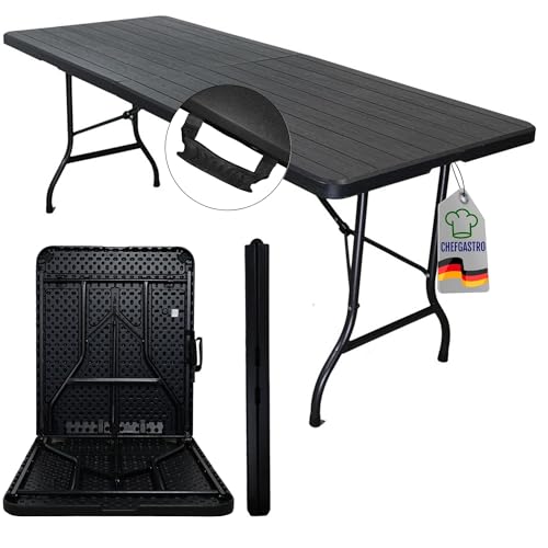 CHEFGASTRO Buffettisch klappbar 180x74cm Gartentisch wetterfest mit Tragegriff 8 Personen Kunststoff Holz Optik Schwarz Klapptisch Tragbar Campingtisch Outdoor für Garten Terrasse Balkon Partytisch