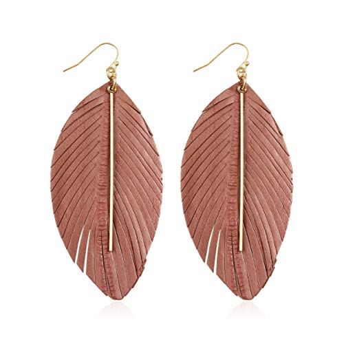 Bohemian Exotic Genuine Leather Geometric Statement Earrings - Lightweight Eel Skin Fringe Hoops, Tassel Feather Drop, Fish Scale Marquise Leaf Dangles (Eel Skin Fringe Feather Drops - Light Pink)