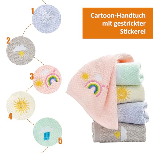 5 Stück Cartoon Handtuch, 25 x 50cm Waschlappen Gesichtstücher, Handtücher set, Wetter Muster Handtuch, Stickerei Handtücher(5 Farben)