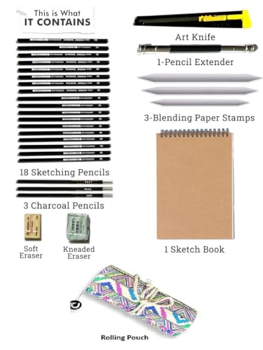 Image of DaKos Sketch Pencil Set - Drawing Pencil Set and Shading Pencil Set for Artists, with A5 Drawing Sketch Book, Perfect Sketching Kit of Charcol Pencil and Shading Art (30 Pieces)