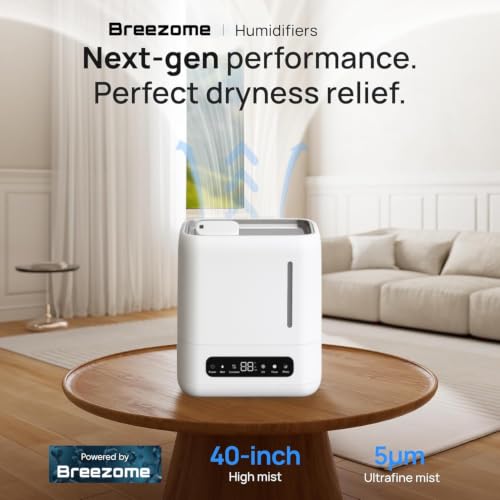 Image of BREEZOME Smart Ultrasonic Humidifier and Aroma Difuser, 4L Cool Mist Top Filling Humidifiers for Home & Bedroom, 360 Nozzle Auto Shut-Off with Timer,LED Display, Remote Control (White, 6 l)