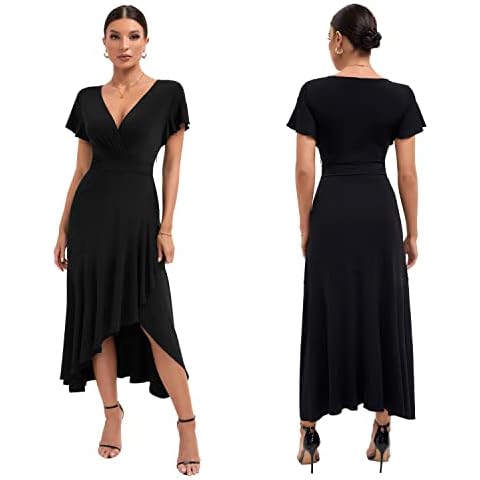 MAGIARTE Womens 2023 Summer Ruffle Short Sleeve Wrap V-Neck Wedding Guest Evening Party Maxi Dress for Women (Black-3XL) Cover