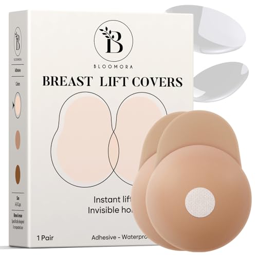 BLOOMORA Pezoneras Mujer con Efecto Push-Up – Cubrepezones Adhesivos de Silicona Reutilizables – Invisibles con Lengüeta de Elevación – Talla 1 (Copas A–B) – Crema