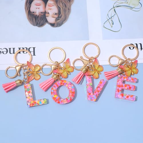 Image of GEOCARTER Lightweight Fashion Initial Letter Key Ring with Butterfly Pendant & Tassel, Stylish Purse Charm for Handbags, Car Keys, Gifts for Girls & Women