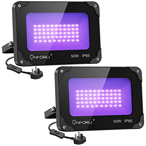 Onforu 2 Pack 50W UV LED Black Light, UV Floodlight with Plug, IP66 Waterproof Outdoor Ultraviolet Blacklight for Dance Party, Stage Lighting, Glow in The Dark, Fluorescent Poster, Neon Glow